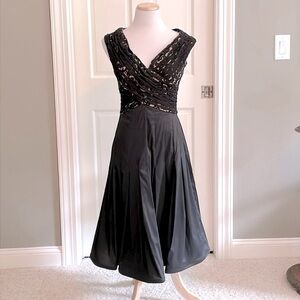 Adrianna Papell Black Lace Top Cocktail Dress. Tailored Waist - Raw silk feel